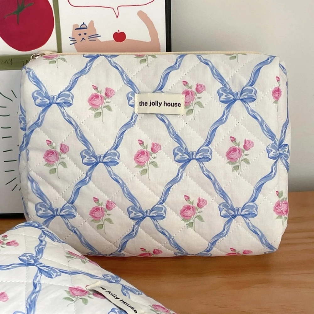 Cute Bow Flower Zipper Quilting Cotton Makeup Bag- 2 Piece - Picture 3 of 9